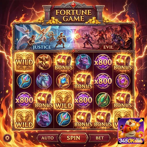 Jogo de caça-níquel 345ok, temática de fortuna com 5 rolos e símbolos vibrantes.